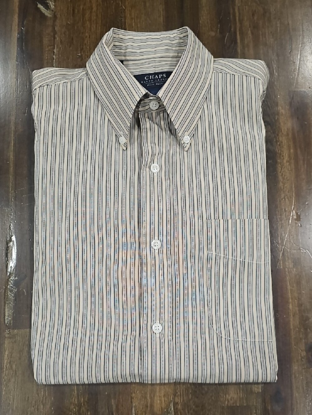 Vintage Chaps Ralph Lauren  Men's Khaki and Blue Striped Button-Down Shirt